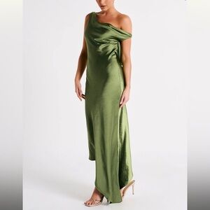 Meshki Olive Satin One-Shoulder Maxi Dress
